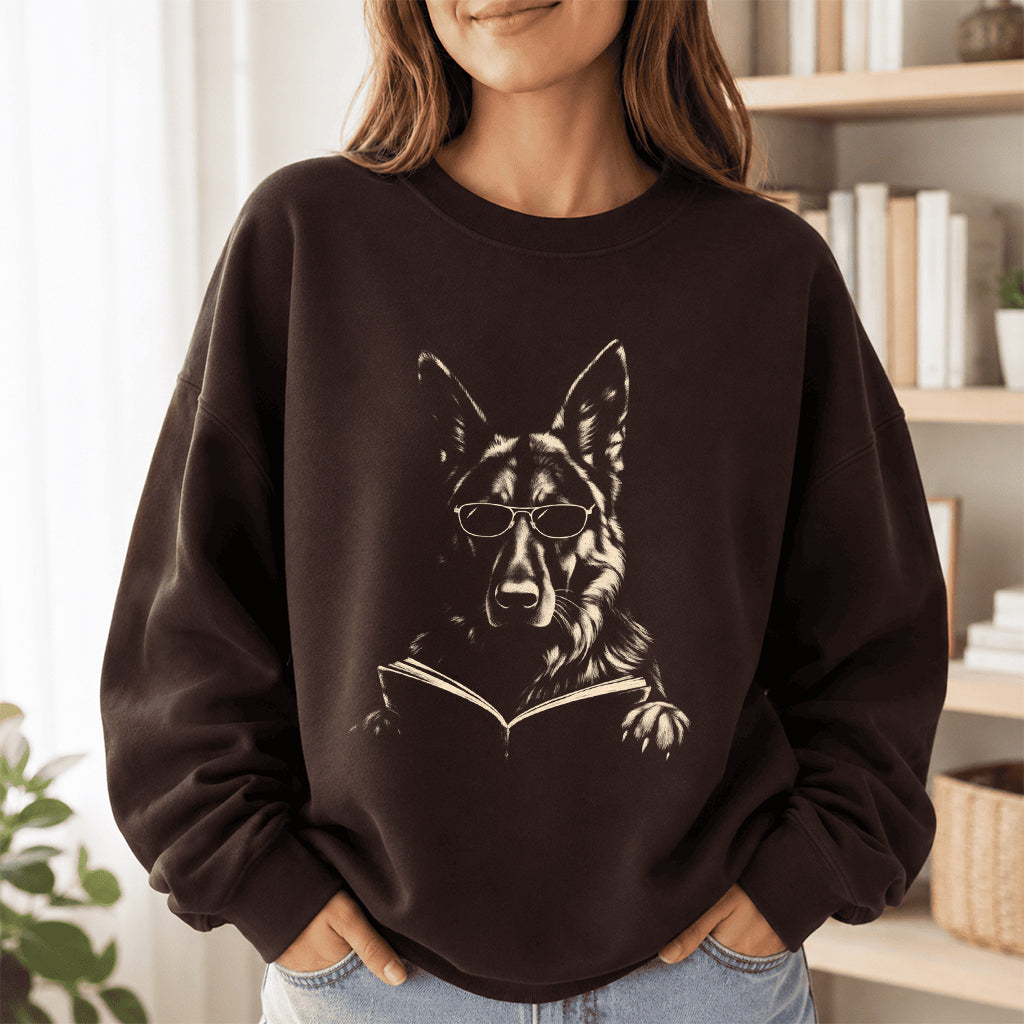 German Shepherd Reading Book Crewneck Sweatshirt | Reader Gift Dark Chocolate