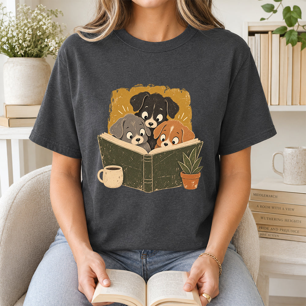 Minimal Japanese Dogs Reading Softstyle T-Shirt | Book Lover Gift Dark Heather
