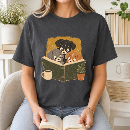 Minimal Japanese Dogs Reading Softstyle T-Shirt | Book Lover Gift Dark Heather