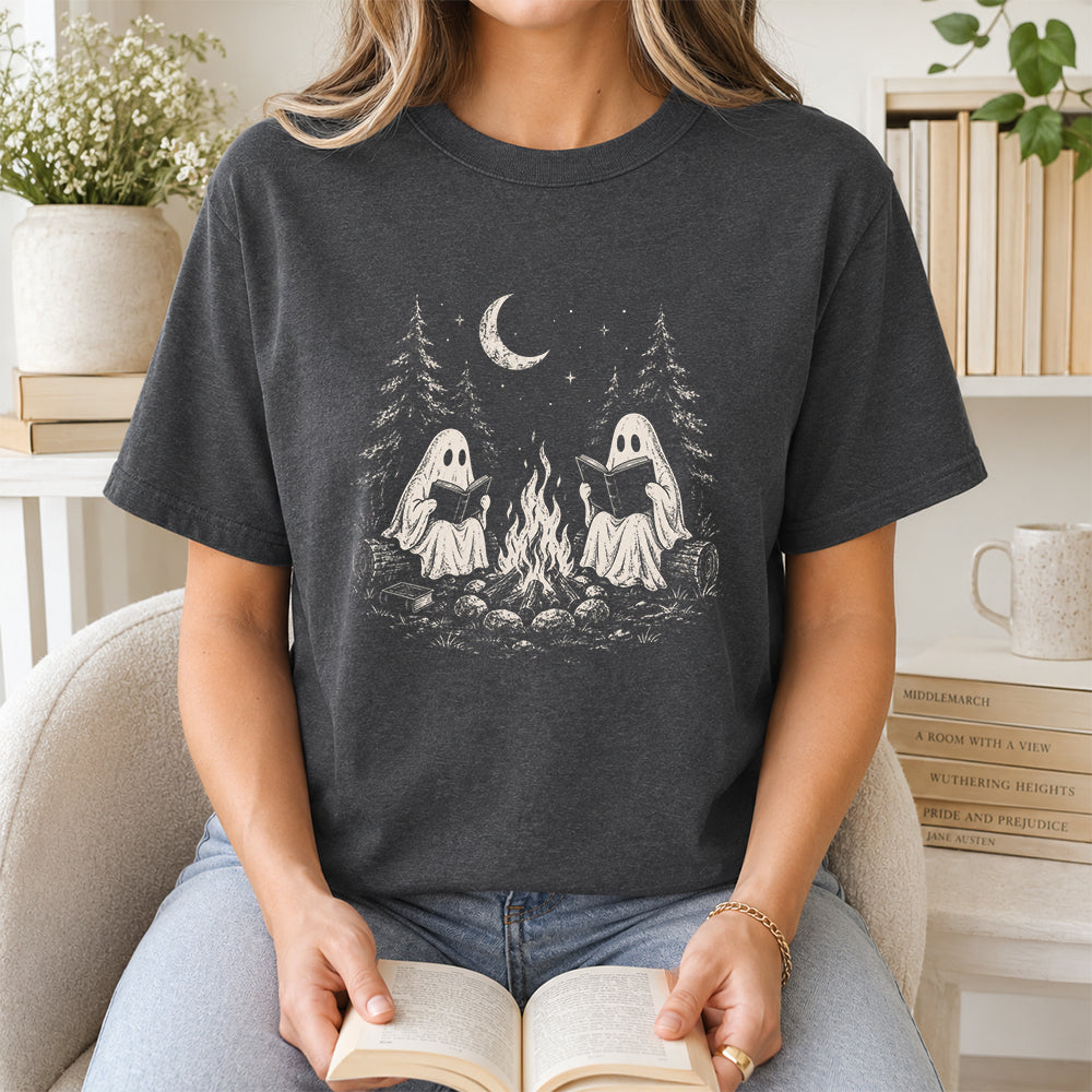 Camping Reading Ghosts Printed T-Shirt | Spooky Book Lover Gift Dark Heather