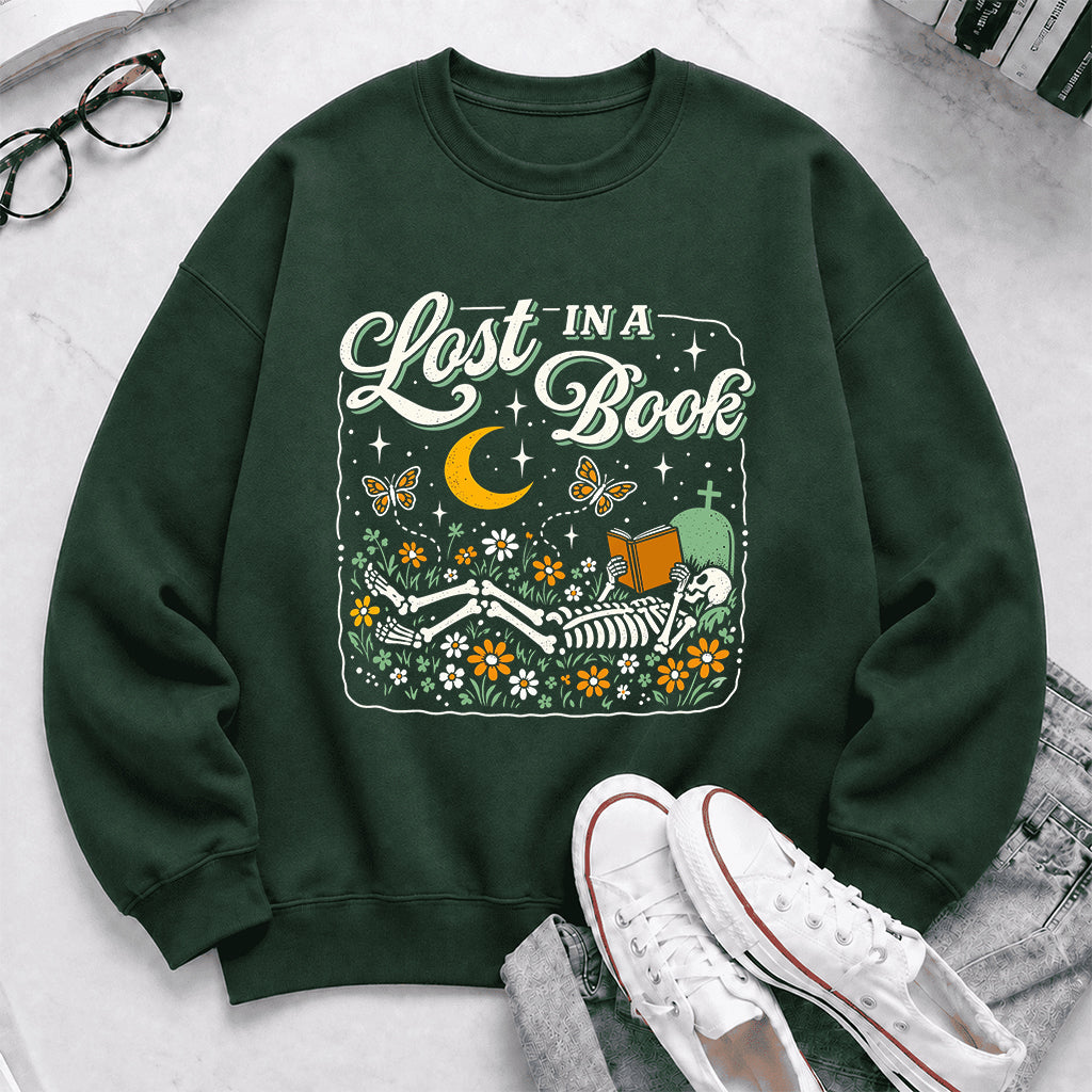 Lost In A Book Crewneck Sweatshirt | Halloween Reader Gift Forest Green