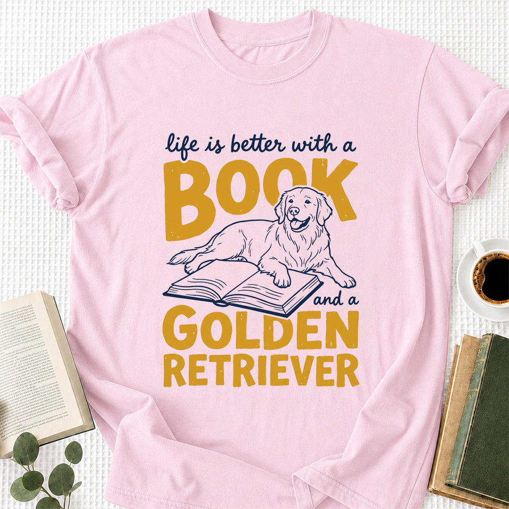 Life Is Better With A Book And A Golden Retriever Softstyle T-Shirt | Book Lover Gift Light Pink