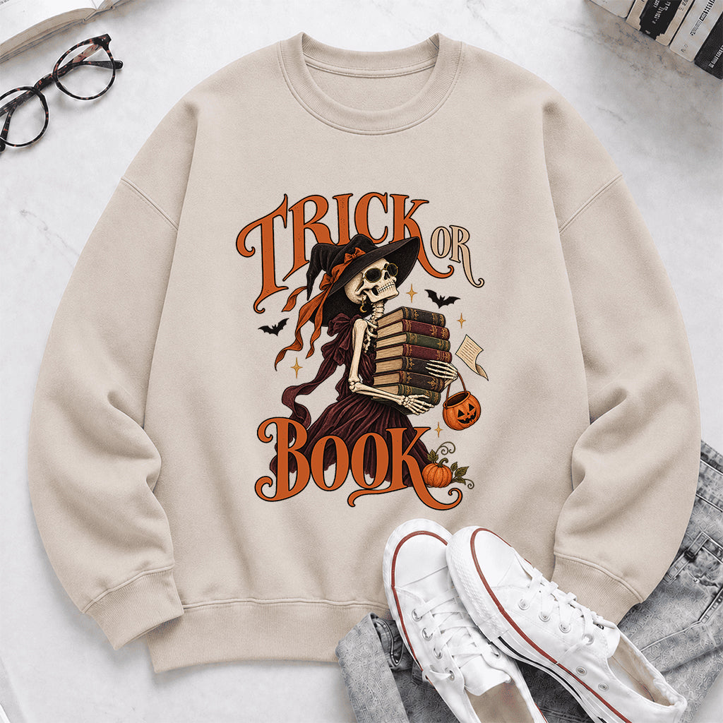 Trick Or Book Printed Sweatshirt | Halloween Book Lover Gift Sand