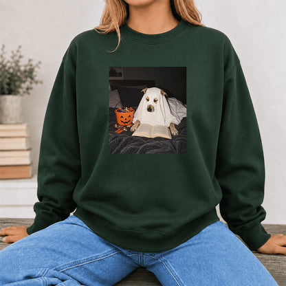 Cute Reading Ghost Dog Printed Sweatshirt | Halloween Book Lover Gift Forest Green