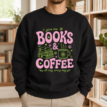 Books and Coffee Crewneck Sweatshirt | Reader Gift Black