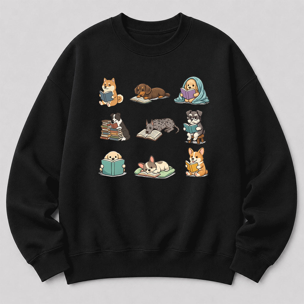 Funny Dogs Reading Crewneck Sweatshirt | Reader Gift Black