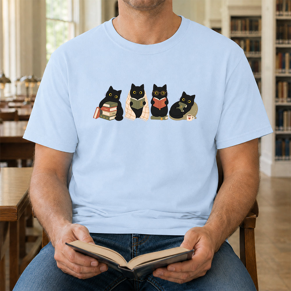 Black Cats Reading Softstyle T-Shirt | Book Lover Gift Light Blue