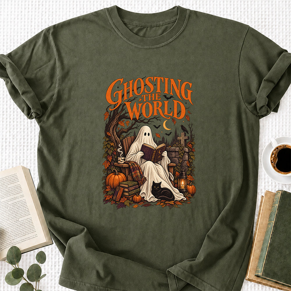 Ghosting The World Cotton T-Shirt | Halloween Book Lover Gift Military Green