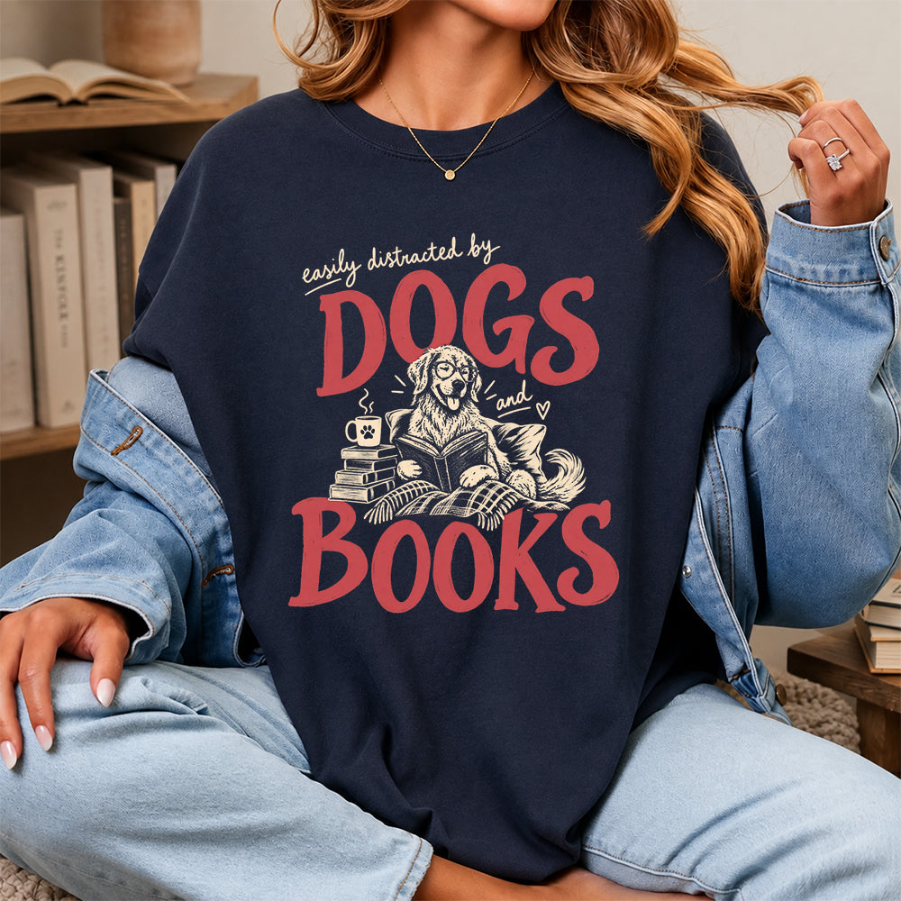 Easily Distracted By Dogs And Books Softstyle T-Shirt | Book Lover Gift Navy