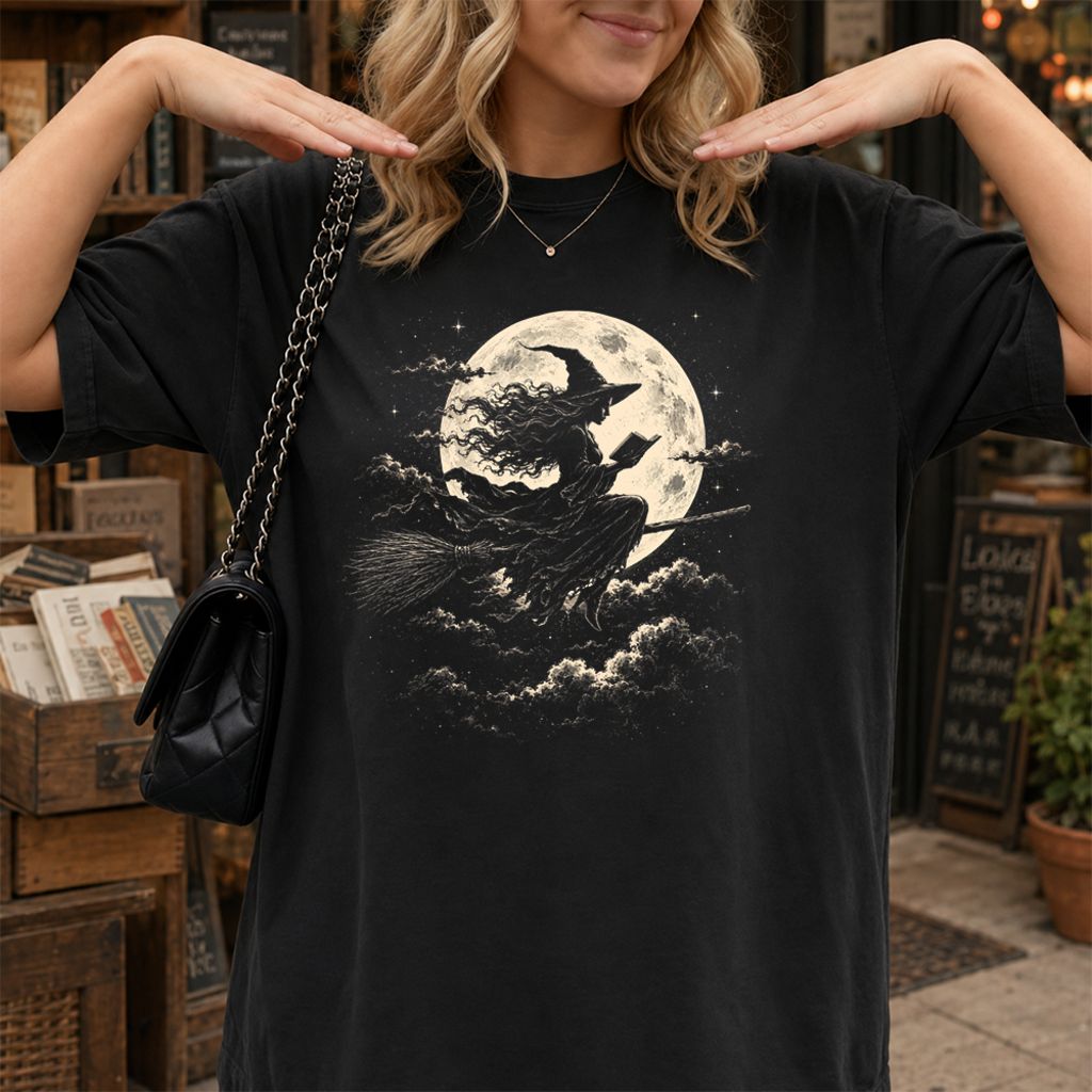 Reading Witch On The Flying Broom Printed T-Shirt | Halloween Book Lover Gift Black