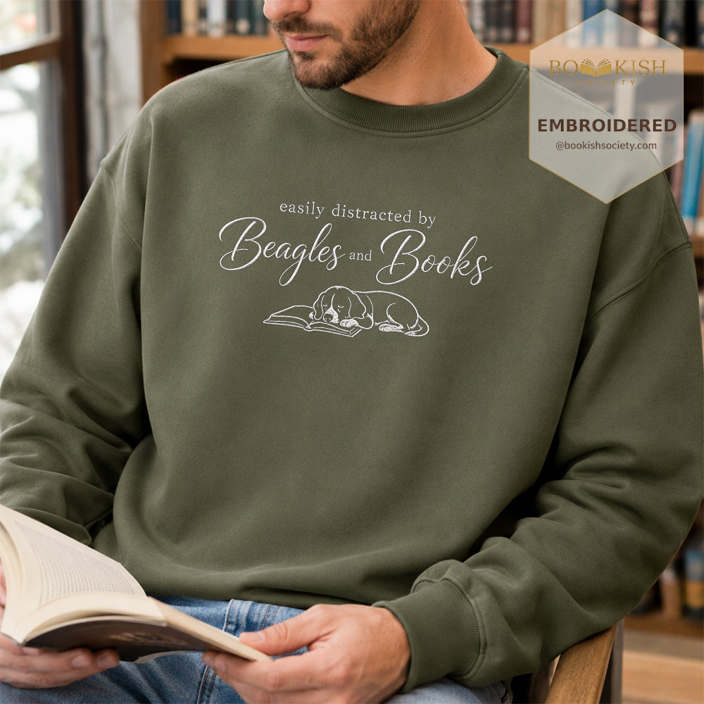 Easily Distracted By Beagles And Books Embroidered Sweatshirt | Dog Lover & Reader Gift Military Green