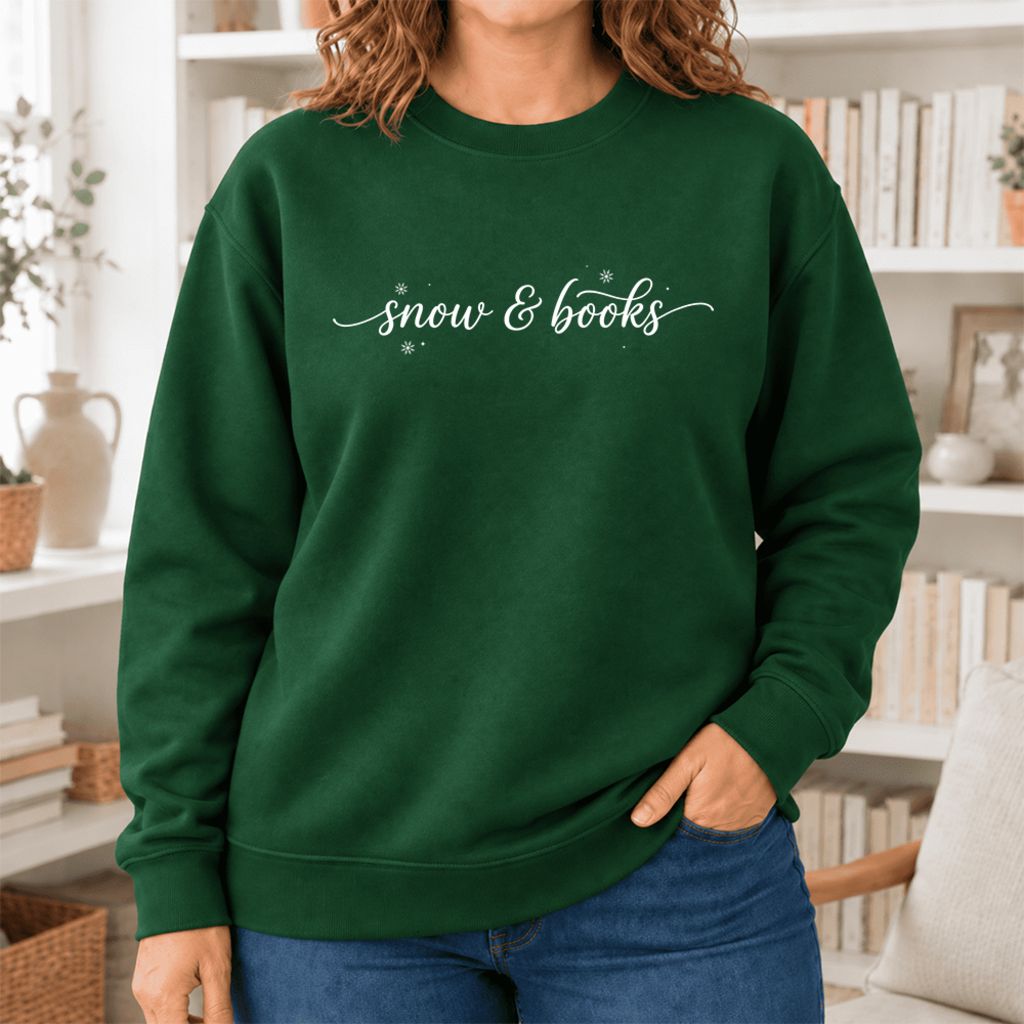 Snow & Books Softstyle Sweatshirt | Christmas Book Lover Gift Forest Green