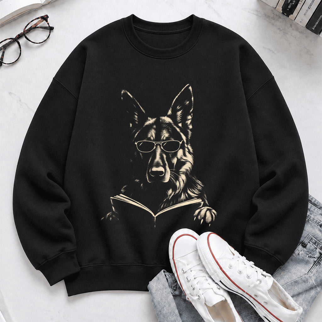 German Shepherd Reading Book Crewneck Sweatshirt | Reader Gift Black