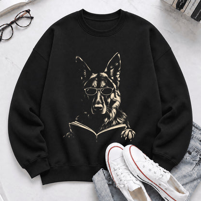 German Shepherd Reading Book Crewneck Sweatshirt | Reader Gift Black