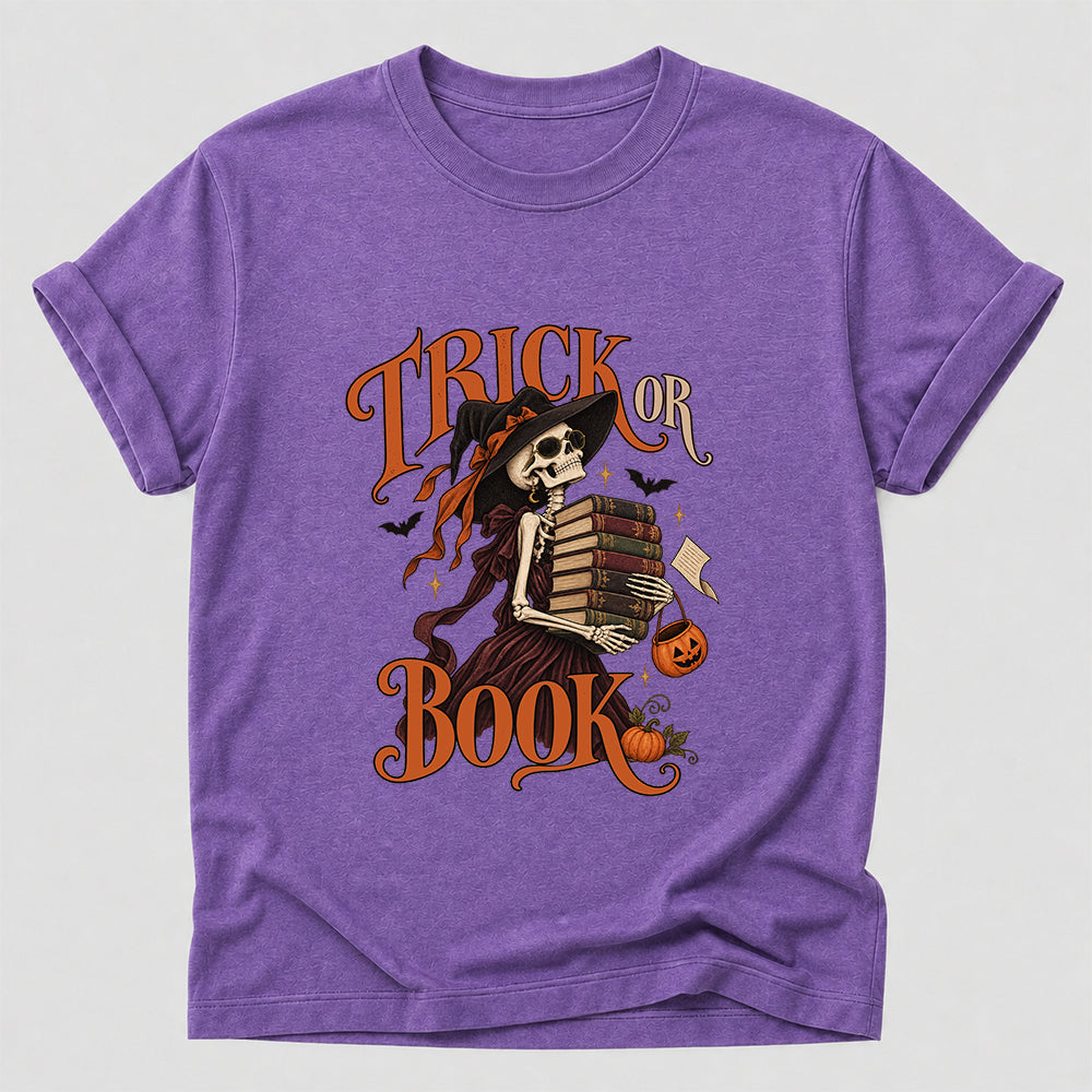 Trick Or Book Lady Printed T-Shirt | Halloween Book Lover Gift Heather Purple