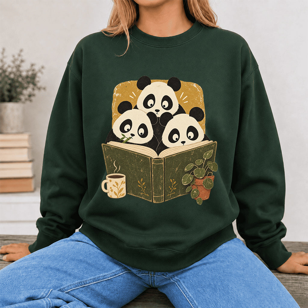 Curious Pandas Reading Crewneck Sweatshirt | Panda Lover & Reader Gift Forest Green