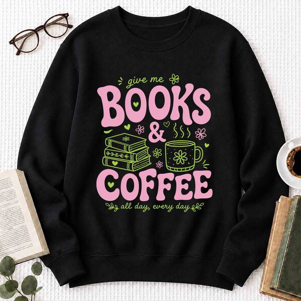 Books and Coffee Crewneck Sweatshirt | Reader Gift Black