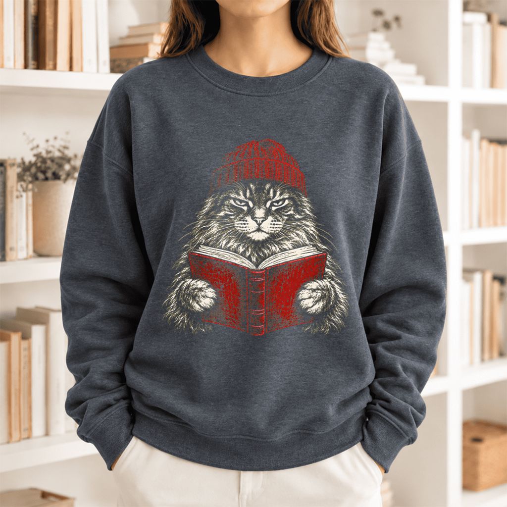 Vintage Reading Cat Maine Coon Softstyle Sweatshirt | Christmas Book Lover Gift Dark Heather