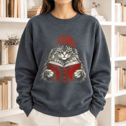 Vintage Reading Cat Maine Coon Softstyle Sweatshirt | Christmas Book Lover Gift Dark Heather