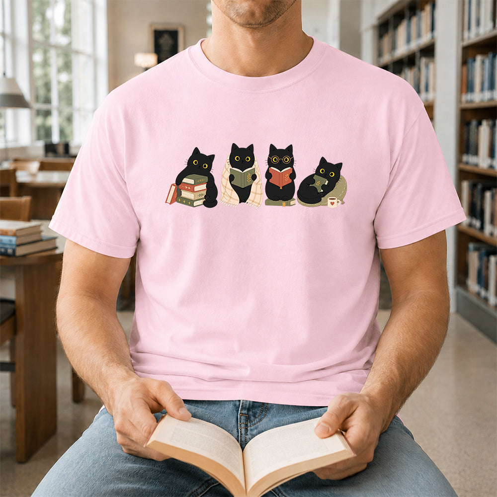 Black Cats Reading Softstyle T-Shirt | Book Lover Gift Light Pink