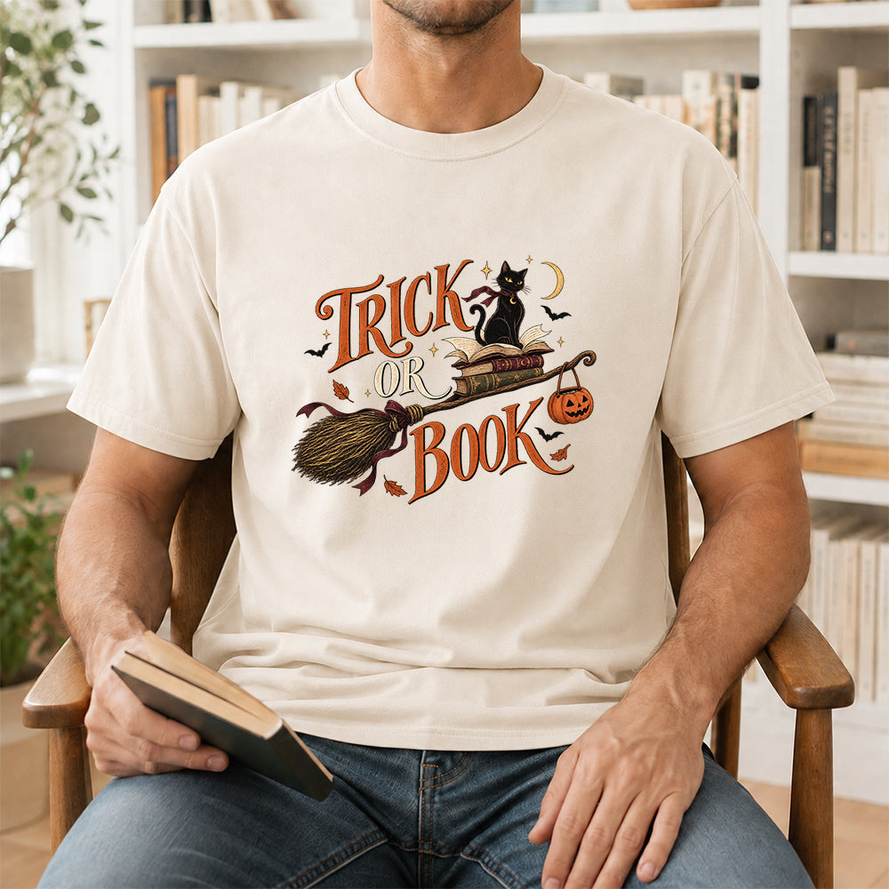 Trick Or Book Black Cat Printed T-Shirt | Halloween Book Lover Gift Natural