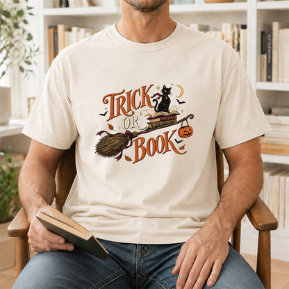 Trick Or Book Black Cat Printed T-Shirt | Halloween Book Lover Gift Natural