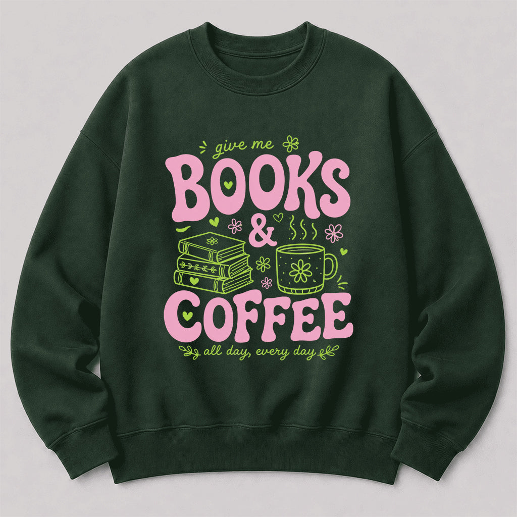Books and Coffee Crewneck Sweatshirt | Reader Gift Forest Green