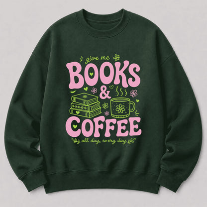 Books and Coffee Crewneck Sweatshirt | Reader Gift Forest Green