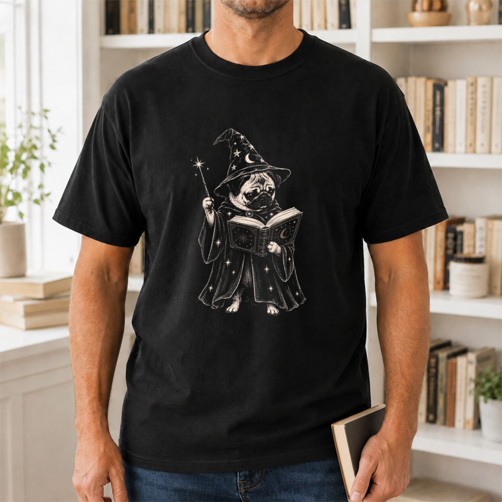 Cute Pug Witch Reading Book Printed T-Shirt | Halloween Book & Dog Lover Gift Black