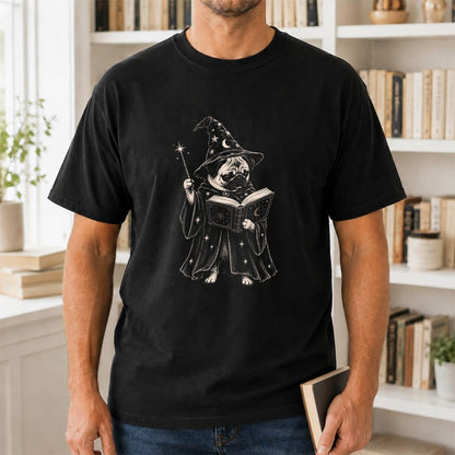Cute Pug Witch Reading Book Printed T-Shirt | Halloween Book & Dog Lover Gift Black