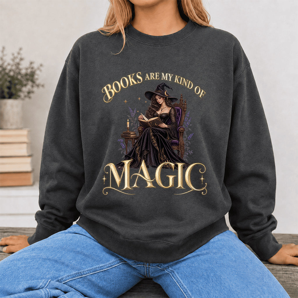 Books Are My Kind Of Magic Crewneck Sweatshirt | Halloween Literary Fantasy Book Lover Gift Dark Heather