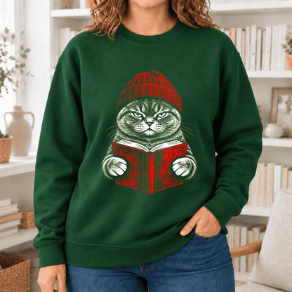 Vintage Reading Cat British Shorthair Softstyle Sweatshirt | Christmas Gift Forest Green