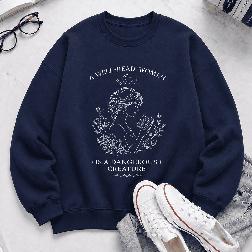 A Well Read Woman Is A Dangerous Creature Crewneck Sweatshirt | Reader Gift Navy