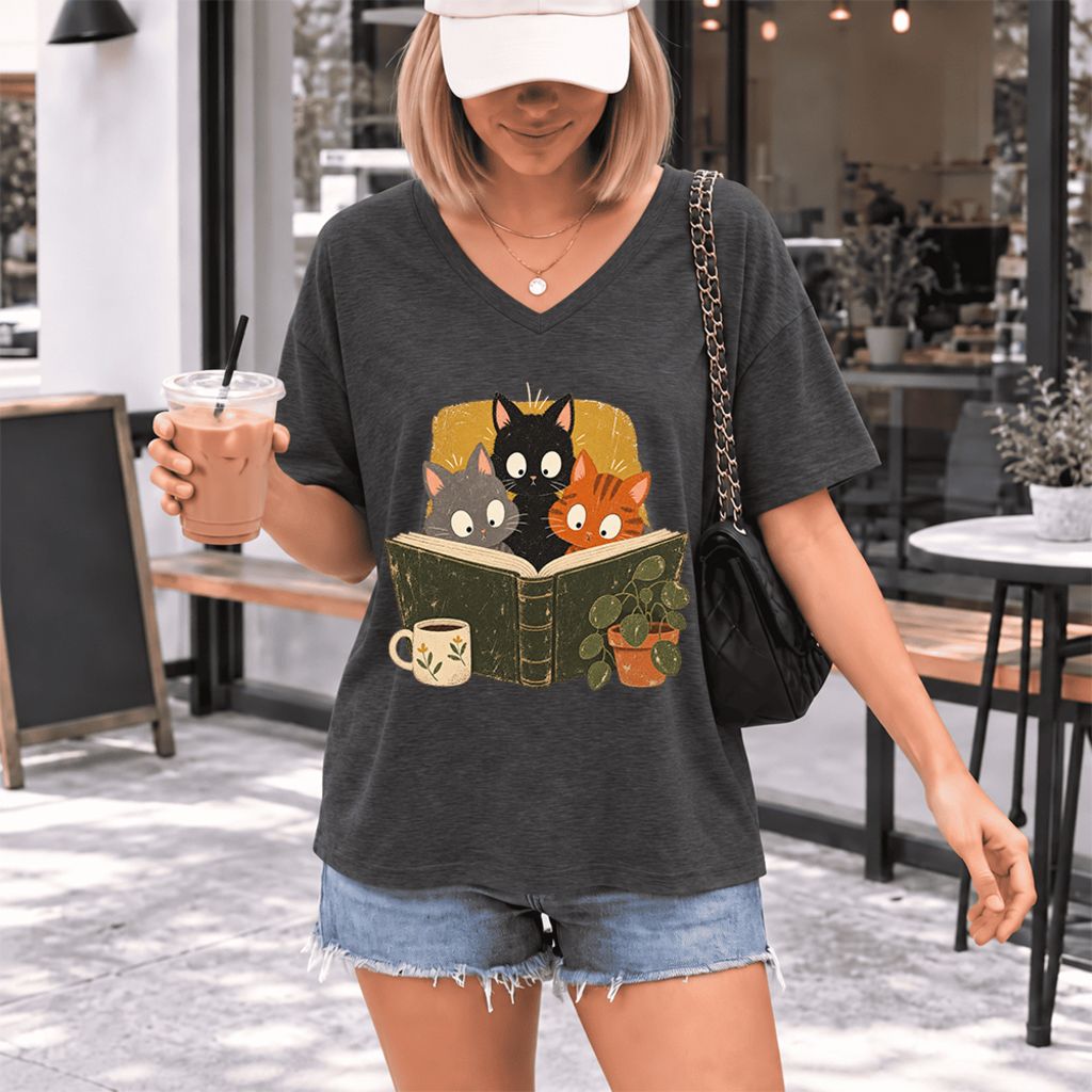 Curious Reading Cats Ultra-Soft V-Neck | Cat Lover Reader Gift Dark Grey Heather