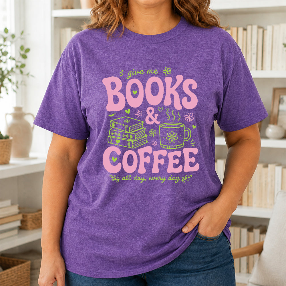 Books and Coffee Softstyle T-Shirt | Book Lover Gift Heather Purple