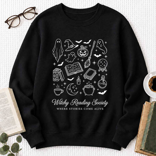 Witchy Reading Society Crewneck Sweatshirt | Halloween Reader Gift Black