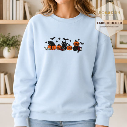 Black Cats And Halloween Embroidered Sweatshirt | Spooky Book Lover Gift Light Blue