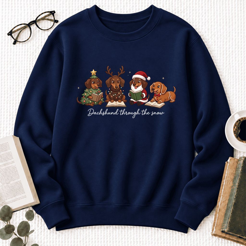 Dachshund Through The Snow Softstyle Sweatshirt | Christmas Book Lover Gift Navy