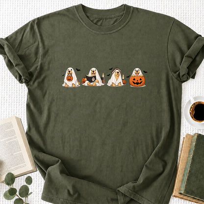 Spooky Golden Retrievers Book Club Printed T-Shirt | Halloween Book Lover Gift Military Green