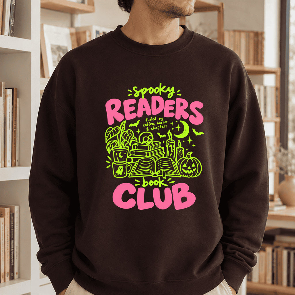 Spooky Readers Book Club Crewneck Sweatshirt | Halloween Reader Gift Dark Chocolate