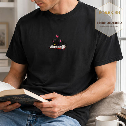 Embroidered Black Cat and Book Comfort Color® T-shirt Book Lover Gift Black