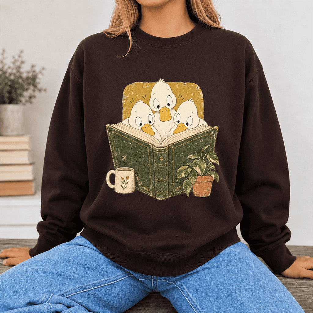 Minimal Japanese Ducks Reading Crewneck Sweatshirt | Reader Gift Dark Chocolate