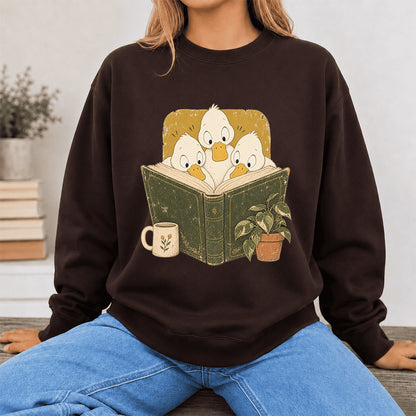 Minimal Japanese Ducks Reading Crewneck Sweatshirt | Reader Gift Dark Chocolate