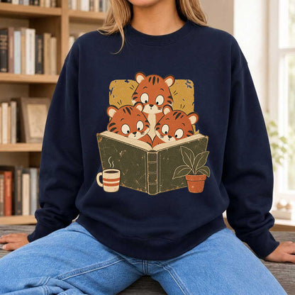 Minimal Japanese Tigers Reading Crewneck Sweatshirt | Reader Gift Navy