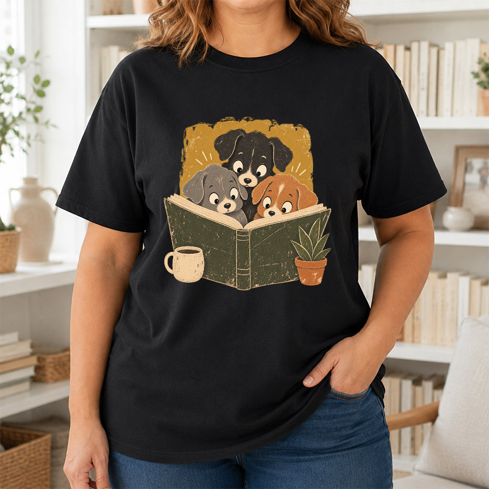 Minimal Japanese Dogs Reading Softstyle T-Shirt | Book Lover Gift Black