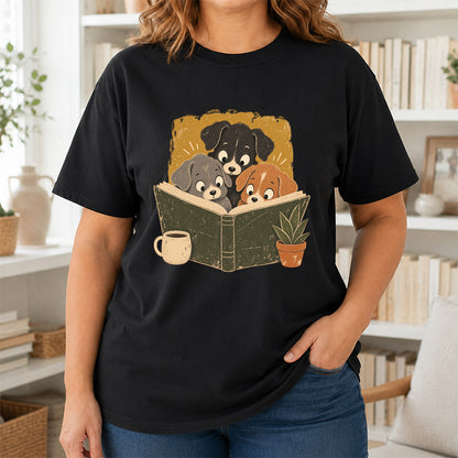 Minimal Japanese Dogs Reading Softstyle T-Shirt | Book Lover Gift Black