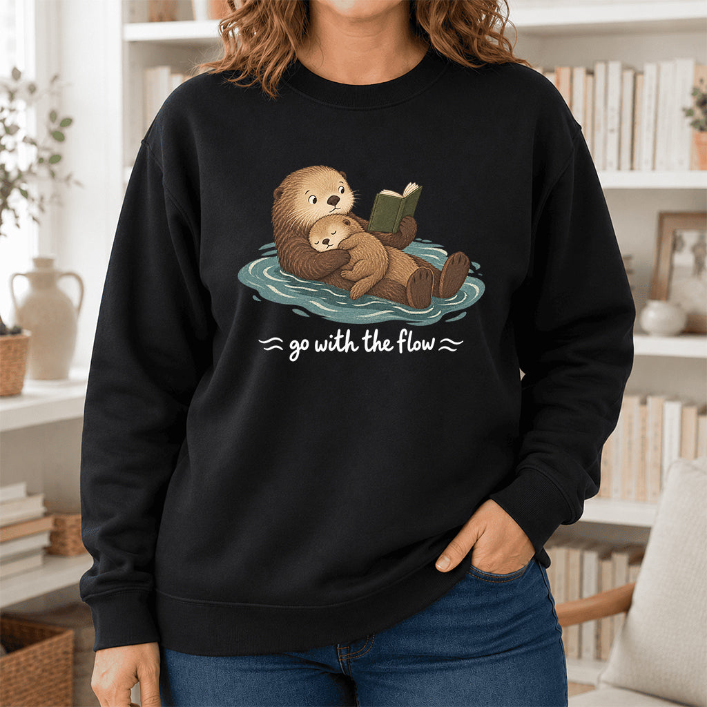 Go With The Flow Otter Reading Crewneck Sweatshirt | Reader Gift Black