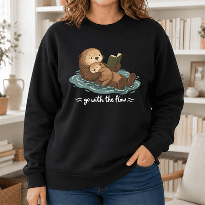 Go With The Flow Otter Reading Crewneck Sweatshirt | Reader Gift Black