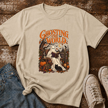 Ghosting The World Cotton T-Shirt | Halloween Book Lover Gift Sand