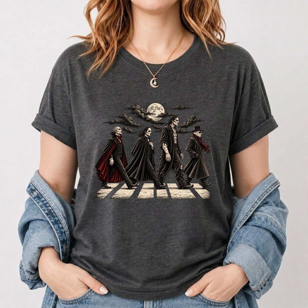 Monsters Road Printed T-Shirt | Halloween Book Lover Gift Dark Heather